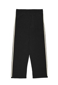 Black wide-leg pants with elastic waistband and white vertical stripes along the outer sides of the legs.