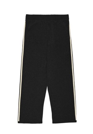 Black wide-leg pants with elastic waistband and white vertical stripes along the outer sides of the legs.