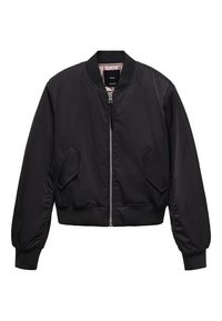 Černá bomber bunda se zipem vpředu, raglánovými rukávy a bočními kapsami. Disponuje žebrovaným lemem a manžetami, s hladkou, lesklou texturou.