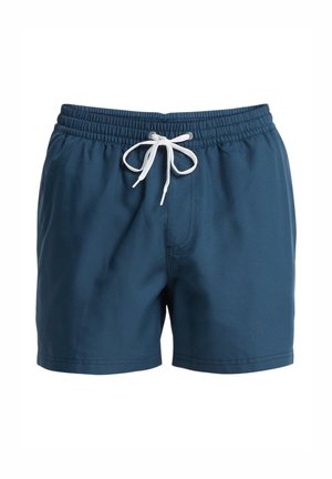 Maillot de bain bleu avec une ceinture élastique, un cordon blanc et un tissu texturé à motifs, présentant une coupe décontractée et des coutures latérales.