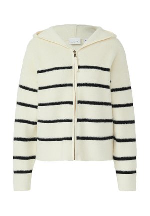 Biała bluza z kapturem zapinana na zamek, wykonana z miękkiego materiału, z czarnymi poziomymi paskami. Posiada kaptur i dopasowane długie rękawy.