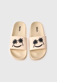 Light beige slide sandals with a textured sole. The upper band features a black palm tree design and the word "Molo" in black lettering.