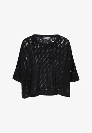 Schwarzer, verkürzter Strickpullover mit einem Spitzendesign, Rundhalsausschnitt und kurzen Ärmeln. Verfügt über eine offene Maschenstruktur und gerippte Kanten.