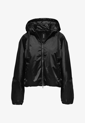 Schwarze, glänzende Kapuzenjacke mit vorderem Reißverschluss, Kordelzugkapuze, langen Ärmeln und Seitentaschen.