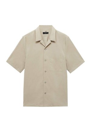 Beige Kurzarmhemd aus glattem Stoff, mit Reverskragen, Knopfleiste, einer Brusttasche und lockerer Passform.