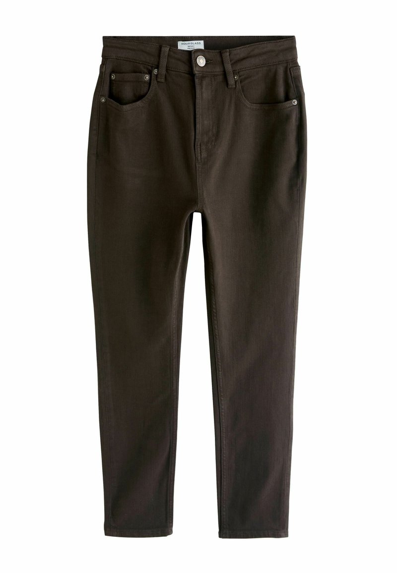 Tmavohnedé rifle so štíhlym strihom, s prednými vreckami, zavretím na gombíky a hladkou, mierne textúrovanou látkou.