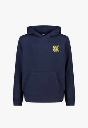 Sweat à capuche bleu marine avec une poche kangourou, des poignets et un ourlet côtelés. Présente une impression jaune « NEW YORK » sur la poitrine à gauche. Tissu doux.