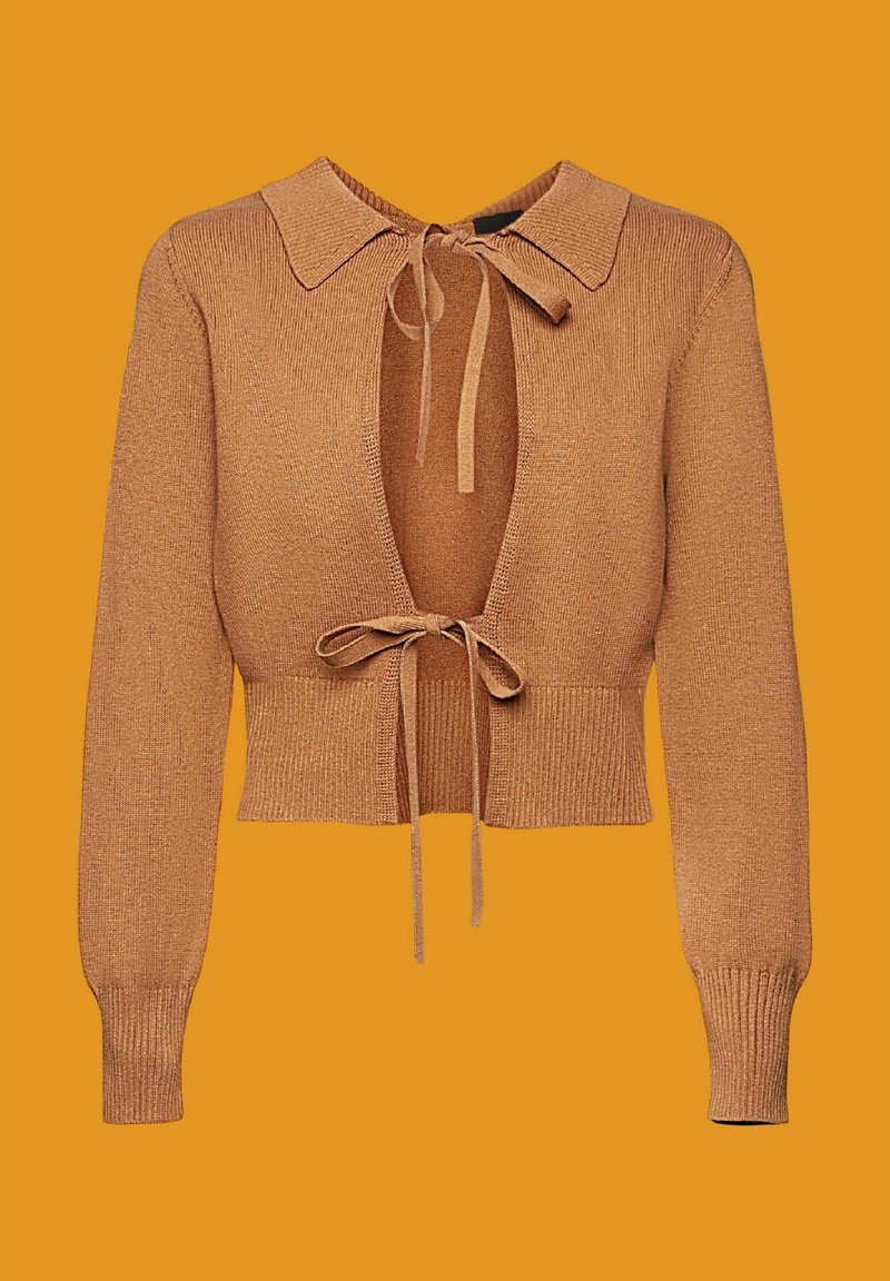 Sweater en tricot bronze court, avec un large col, une fermeture à liens à l'avant et des poignets côtelés. Texture lisse avec un design à l'avant ouvert.