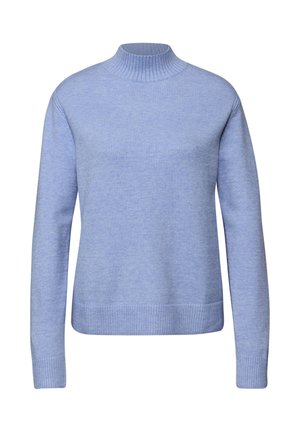 Lyseblå sweater lavet af blødt strikmateriale. Har en ribstrikket høj hals, lange ærmer og en tætsiddende kant. Enkel og alsidig design.