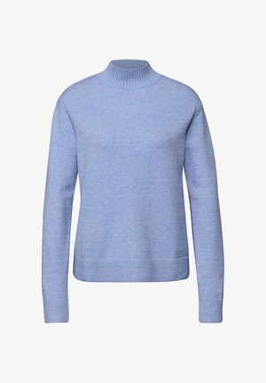 Lyseblå sweater lavet af blødt strikmateriale. Har en ribstrikket høj hals, lange ærmer og en tætsiddende kant. Enkel og alsidig design.