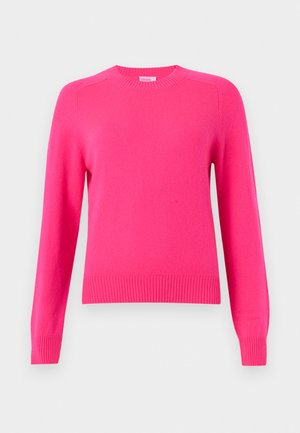 Lys rosa genser med rund hals og lange ermer, med ribbestrikkede mansjetter og kant, vist på ensfarget hvit bakgrunn.