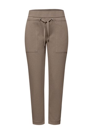 Pantaloni jogger marroni in tessuto morbido, con vita con coulisse, due tasche anteriori e design a gamba affusolata.