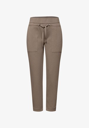 Pantaloni jogger marroni in tessuto morbido, con vita con coulisse, due tasche anteriori e design a gamba affusolata.