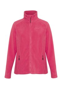 Pink fleece jacket with a high collar, zip front, and two side pockets. Smooth texture, casual design, and a fitted silhouette.