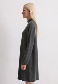 Abito grigio a maniche lunghe con una vestibilità rilassata, realizzato in tessuto morbido, con collo alto e orlo a metà lunghezza, mostrato di lato.