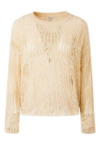 Nättihenkinen neulepaita vaaleankeltaisena, jossa on pyöreä pääntie ja pitkät hihat. Ominaisuuksiin kuuluu tekstuuri, jossa on avoin kuviointi ympäriinsä.