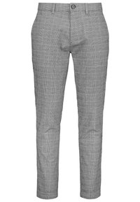 Pantaloni grigi a quadri con vestibilità slim, dotati di chiusura con bottoni e fronte piatto. Il tessuto presenta un motivo leggermente strutturato.