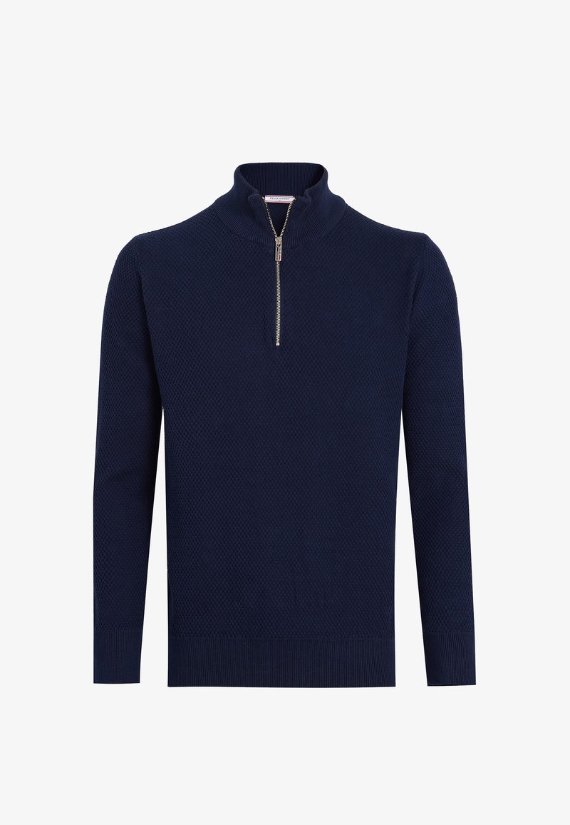 Pull en maille texturée bleu marine avec manches longues et col demi-fermeture éclair argenté.