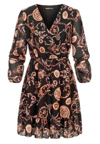 Rochie neagră cu un design înfășurat, mâneci lungi și talie strânsă. Prezintă un model ornate în culori aurii și roz. Material fluid cu un tiv ondulat.