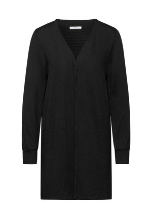Sort langærmet cardigan med V-hals, lavet af blødt stof. Har en tekstureret halsudskæring og tætsiddende manchetter. Mellemlang design.