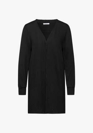 Sort langærmet cardigan med V-hals, lavet af blødt stof. Har en tekstureret halsudskæring og tætsiddende manchetter. Mellemlang design.