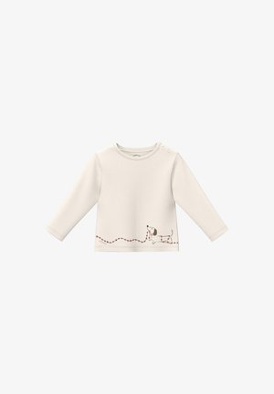 Kremowa koszulka niemowlęca z długim rękawem, z zatrzaskami na ramieniu i zabawnym psem trzymającym czerwoną sznurek w kształcie serca na dolnej części przodu.