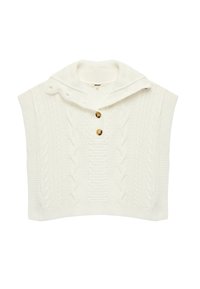 Witte gebreide poncho met een kol, voorzien van een kabelgebreide patroon, drie houten knopen en korte mouwen. Zachte textuur, boxy vorm.