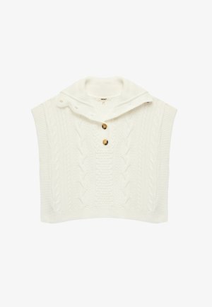 Weißer gestrickter Poncho mit Kapuze, mit einem Kabelstrickmuster, drei Holzknöpfen und kurzen Ärmeln. Weiche Textur, kastiger Schnitt.