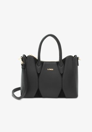 Borsa nera con design geometrico, realizzata in pelle e camoscio. Dotata di dettagli in metallo dorato, doppi manici corti e tracolla rimovibile.