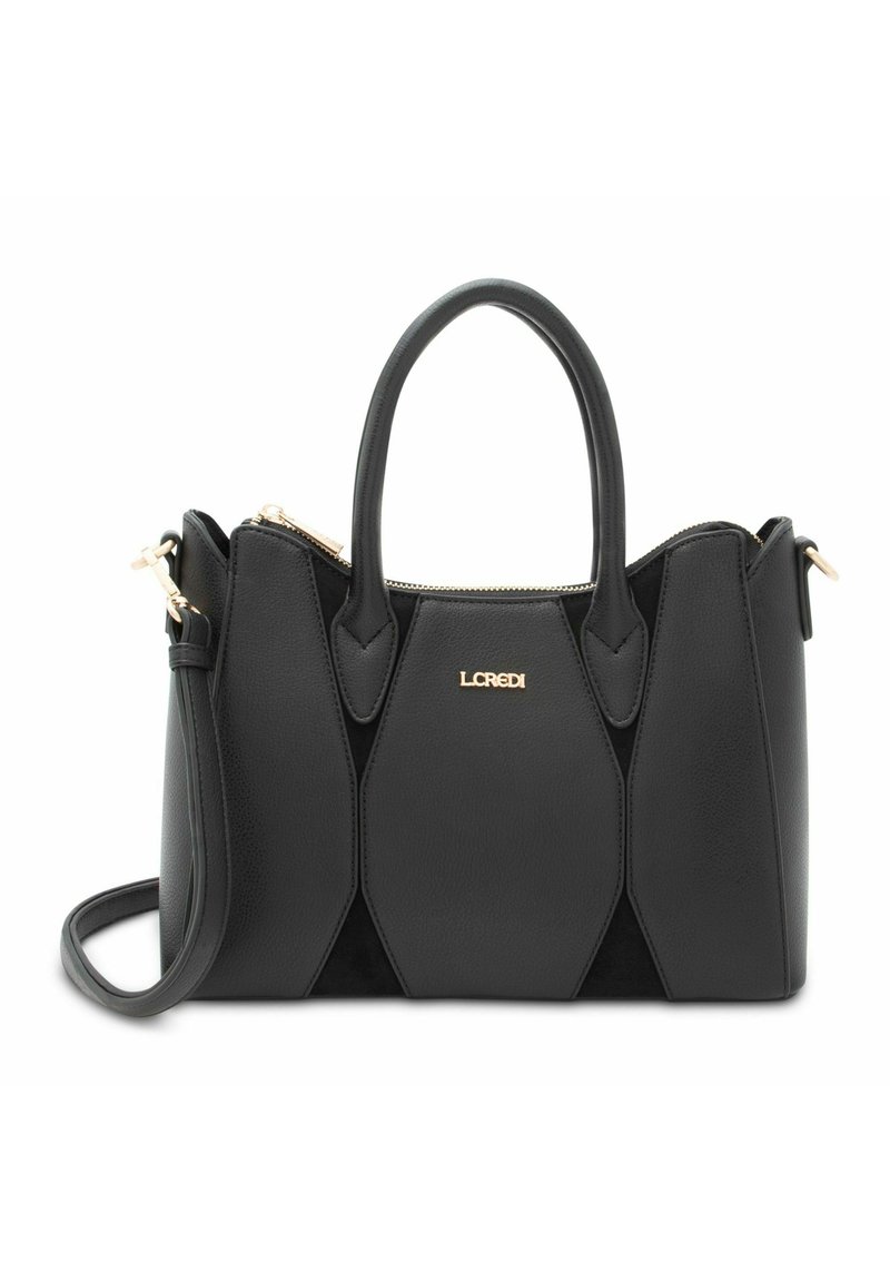 Borsa nera con design geometrico, realizzata in pelle e camoscio. Dotata di dettagli in metallo dorato, doppi manici corti e tracolla rimovibile.