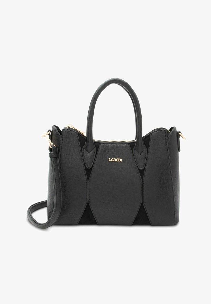 Borsa nera con design geometrico, realizzata in pelle e camoscio. Dotata di dettagli in metallo dorato, doppi manici corti e tracolla rimovibile.