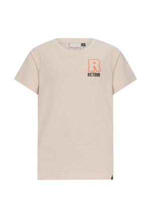 T-shirt in cotone beige chiaro con maniche corte, caratterizzato da un grande logo arancione "R" e testo nero "RETOUR" sul petto. Design semplice con colletto a girocollo.