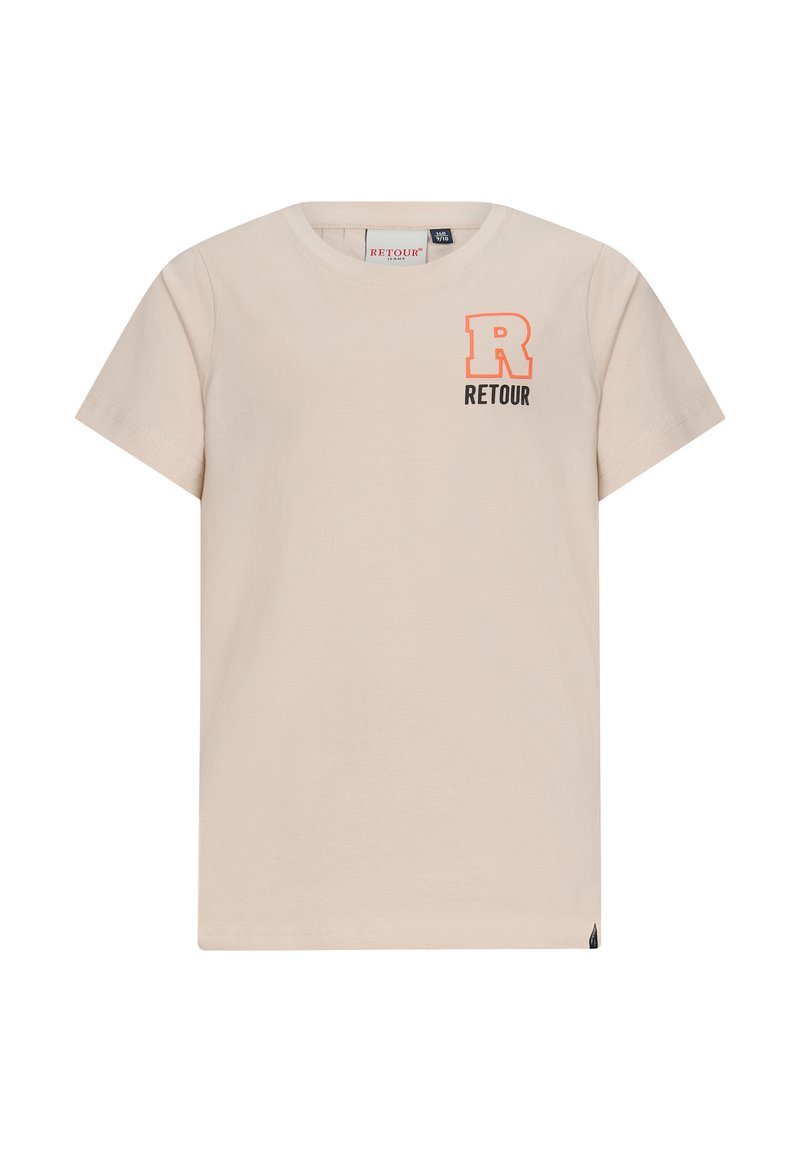 T-shirt in cotone beige chiaro con maniche corte, caratterizzato da un grande logo arancione "R" e testo nero "RETOUR" sul petto. Design semplice con colletto a girocollo.