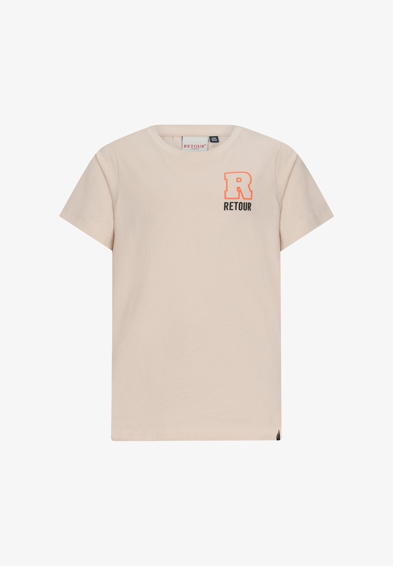T-shirt in cotone beige chiaro con maniche corte, caratterizzato da un grande logo arancione "R" e testo nero "RETOUR" sul petto. Design semplice con colletto a girocollo.