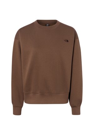 Braunes Sweatshirt mit Rundhalsausschnitt, langen Ärmeln und kleinem schwarzem The North Face-Logo auf der linken Brust, gerippte Bündchen und Saum.