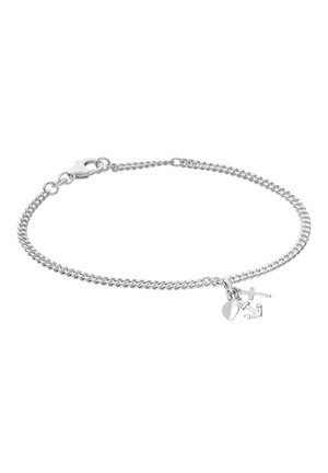 Silver chain bracelet with lobster clasp and three small charms: heart, cross, and anchor.