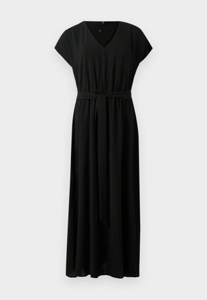 Black maxi dress with cap sleeves, V-neckline, elastic waist, and matching tie belt. Soft fabric with a flowing silhouette and no visible patterns.