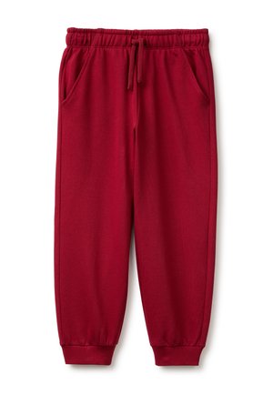 Pantaloni sportivi rossi con vita elastica, coulisse e tasche laterali, gambe affusolate e polsini a coste alle caviglie.