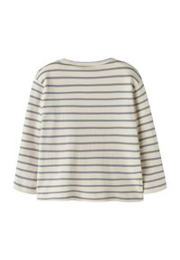 Pasiasta koszulka z długim rękawem w kolorze kremowym i jasnoszarym. Miękka tkanina, okrągły dekolt i luźny krój. Posiada poziome paski i zaprasowane szwy.