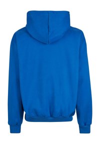 Felpa blu con tasca centrale, maniche lunghe, polsini e orlo a coste, dotata di cappuccio con cordoncino. Tessuto di trama liscia.