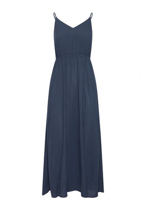 Marineblaues ärmelloses Maxikleid mit dünnen Trägern, V-Ausschnitt und gerafftem Taillendetail.