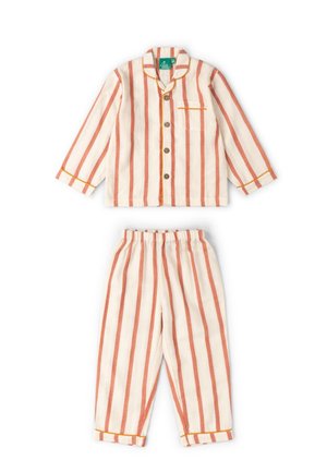 Kinder-Pyjama-Set mit langärmligem, zum Knöpfen geöffnetem Oberteil und Hosen mit elastischem Bund, versehen mit vertikalen cremefarbenen und orangefarbenen Streifen sowie gelber Einfassung.