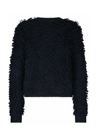 Marineblauer strukturierter Pullover mit auffälligem Schlaufenstoff am Körper und an den Ärmeln. Verfügt über einen Rundhalsausschnitt sowie gerippte Bündchen und einen gerippten Saum.