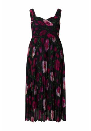 Vestido midi plisado sin mangas negro con estampado floral en rosa y rojo y escote corazón.