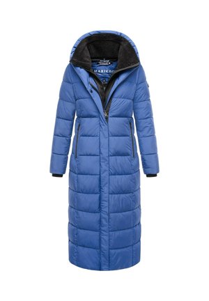 Long blue padded winter coat with hood and black fleece lining, front zipper, and zippered side pockets.