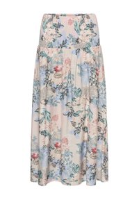 Jupe midi fleurie avec taille smockée présentant des imprimés botaniques pastel rose, bleu et vert sur fond beige.