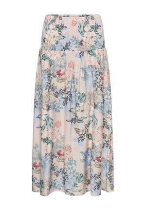 Virágmintás midi szoknya, ráncolt derékpánttal, pasztell rózsaszín, kék és zöld növényi mintákkal, bézs alapon.