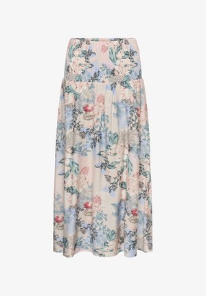 Virágmintás midi szoknya, ráncolt derékpánttal, pasztell rózsaszín, kék és zöld növényi mintákkal, bézs alapon.