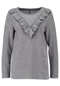 Pull gris clair à manches longues avec un col rond et un détail volanté en forme de V traversant la poitrine et les épaules.