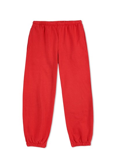 Rote, elastische Hosen mit einem Bund, seitlichen Taschen und schmal zulaufenden Bündchen. Hergestellt aus weichem Stoff, mit glatter Textur und ohne sichtbare Muster.